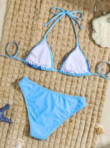 Swim Chiccia Springbreak 2025 女士夏季沙滩花卉印花露背系带性感比基尼两件套泳衣套装 - 藍色 - 查看 2