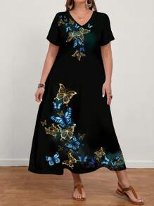 EMERY ROSE Đầm tay ngắn cổ chữ V họa tiết bướm xanh đơn giản thường ngày cỡ lớn dành cho nữ, phù hợp cho mùa hè - màu đen - Xem 3