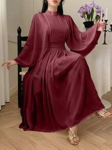 DAZY Solid Color Stand Collar Pleated Ruffle Sleeve Midi Dress For Women,Fall Clothes Long Sleeve Dress Wedding Women Dresses Red Women Dresses Prom Dress Elegant Women Dresses - Burgundy - View 5