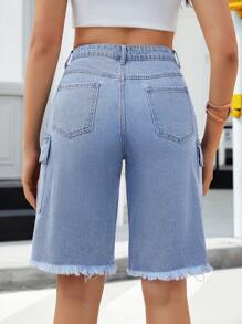 SHEIN Essnce Women's Casual Distressed Denim Cargo Shorts - Medium Wash - View 2