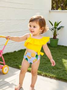 2 Stücke/Set Säuglings-/Baby Mädchen Zitrone Muster + einfarbiger Romper & Tüll-Tüllrock Set