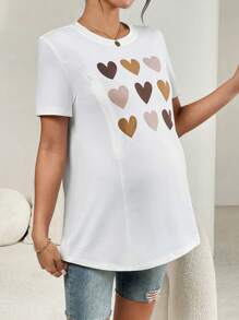 SHEIN 1 件孕妇哺乳休闲心形印花短袖 T 恤，夏季 - 白色 - 查看 4