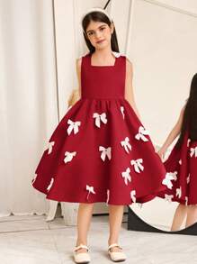SHEIN Tween Girl Elegant Sleeveless Color Block Bowknot Midi Dress - Red - View 3