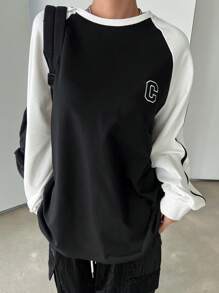 DAZY Two Tone Letter Graphic Raglan Sleeve Tee Jersey Long Sleeve Women Tops - Black and White - View 7