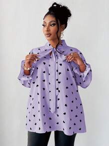 Maweii 大码女式心形印花领带长袖优雅衬衫 - 紫色 - 查看 5
