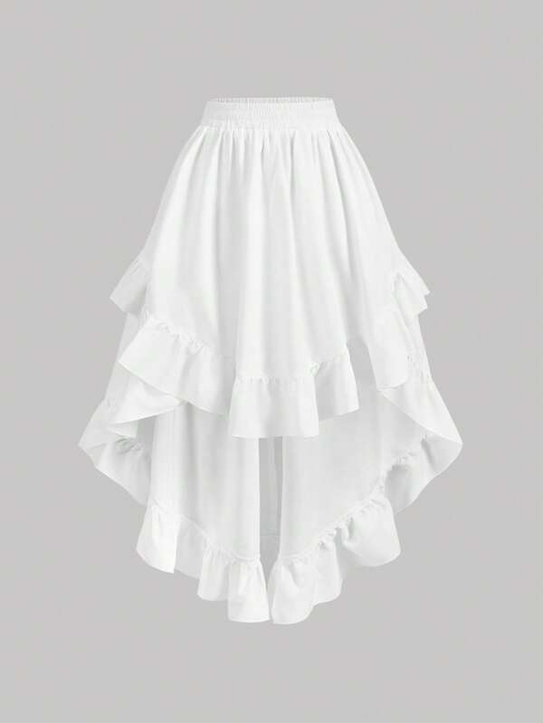 SHEIN MOD Women's White Ruffle Hem Skirt, Retro Black Layered A-Line Skirt