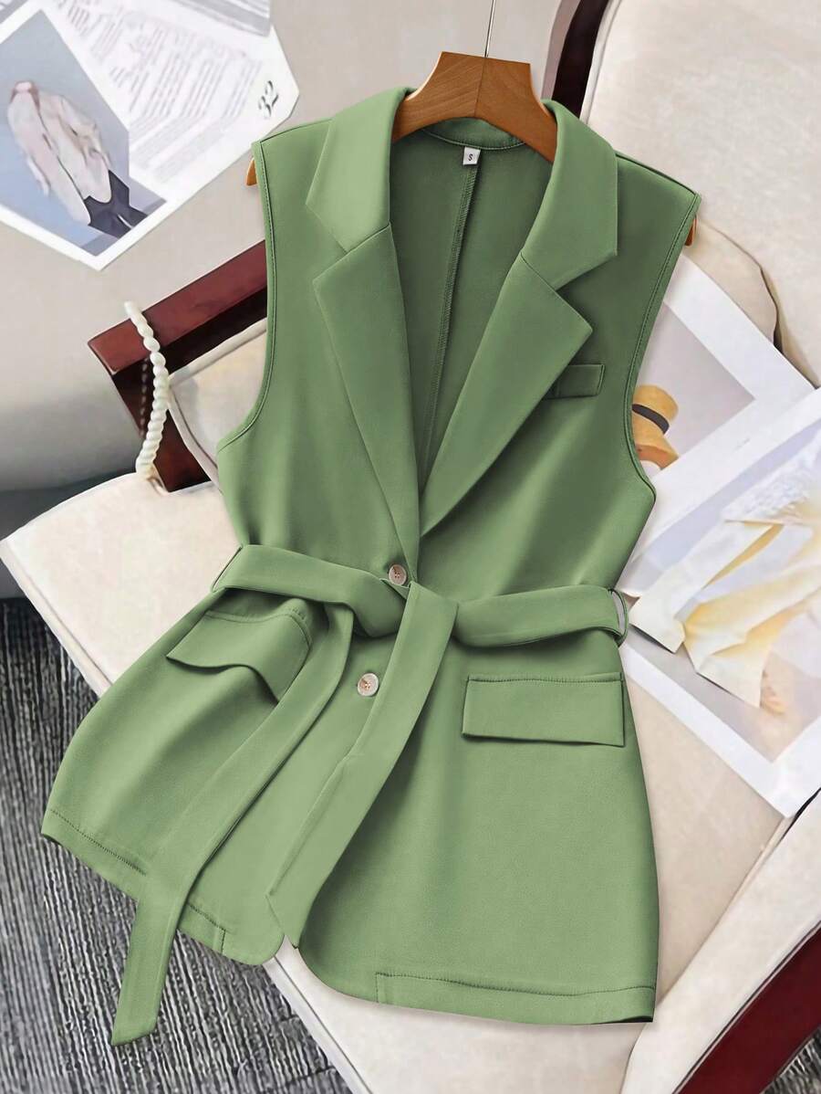 SHEIN Clasi 女士纯色翻领无袖休闲西装外套 - 薄荷綠 - 查看 1