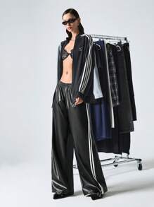 LYSMO Women's Fall Contrast Color Ribbon Striped Leather Sports Trousers Back To School Season Clothing