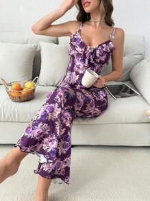 心形水钻装饰花卉印花荷叶边吊带背心和裤子睡衣套装