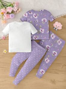 SHEIN Leap Crew Baby Girl Casual Cute Polka Dot & Flower Print Fitted Crew Neck Short Sleeve Tee & Pants Home Outfit, Multi-Pcs, Suitable For Spring & Summer - Multicolor - View 2