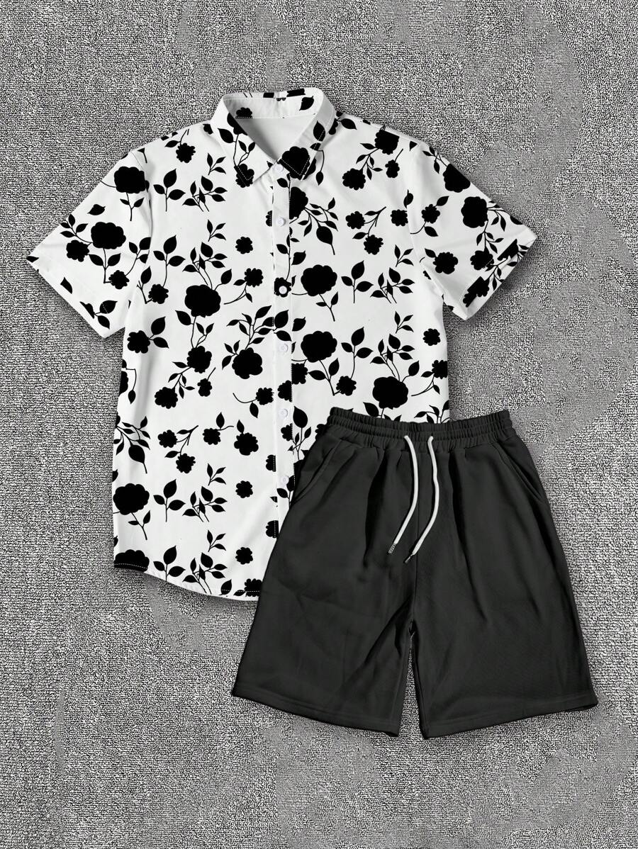 Manfinity Dauomo Men's Floral Allover Print Short Sleeve Shirt And Solid Shorts 2 Pieces Set - Multicolor - View 1