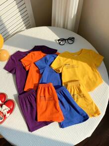 SHEIN Leap Crew 8 件/套婴儿男孩和女孩休闲可爱图形字母印花连帽长袖毛衣上衣和针织短裤 2 件套服装，适合春夏穿着、居家和户外