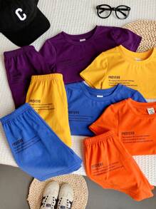 SHEIN Leap Crew 8 件/套婴儿男孩和女孩休闲可爱图形字母印花连帽长袖毛衣上衣和针织短裤 2 件套服装，适合春夏穿着、居家和户外