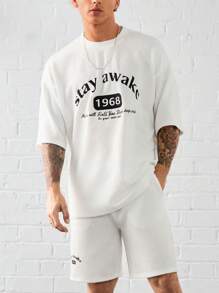 Manfinity VCAY 2pcs Casual Knit Letter Embroidery Loose Drop Shoulder Tee And Elastic Waist Drawstring Shorts Set, Suitable For Everyday Wear - White - View 1