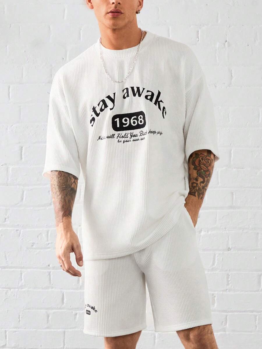 Manfinity VCAY 2pcs Casual Knit Letter Embroidery Loose Drop Shoulder Tee And Elastic Waist Drawstring Shorts Set, Suitable For Everyday Wear - White - View 1