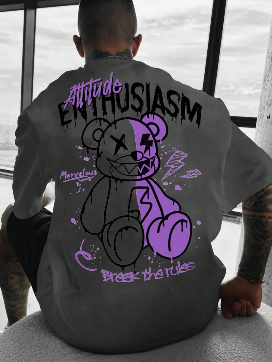 Manfinity ZONE917 Loose Men's Cartoon Bear & Letter Printed Round Neck Short Sleeve T-Shirt - Dark Grey - View 1