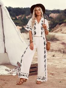 LanaWest Women Graphic Print Standard Fit Shirt + Wide Leg Pants 2 Pieces Casual Suit, Suitable For Vacation And Daily Wear - Apricot - View 5