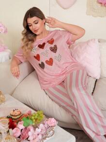 SweetSlumber Plus Size Heart Striped Loose Top And Striped Pants Pajama Set