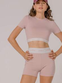 Aralina Women Letter Print Short Sleeve Crop Top And Shorts Sports Set - Pink - View 8