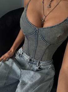 SHEIN ICON 女士日常百搭修身时尚牛仔吊带背心 - 淺色水洗藍 - 查看 2