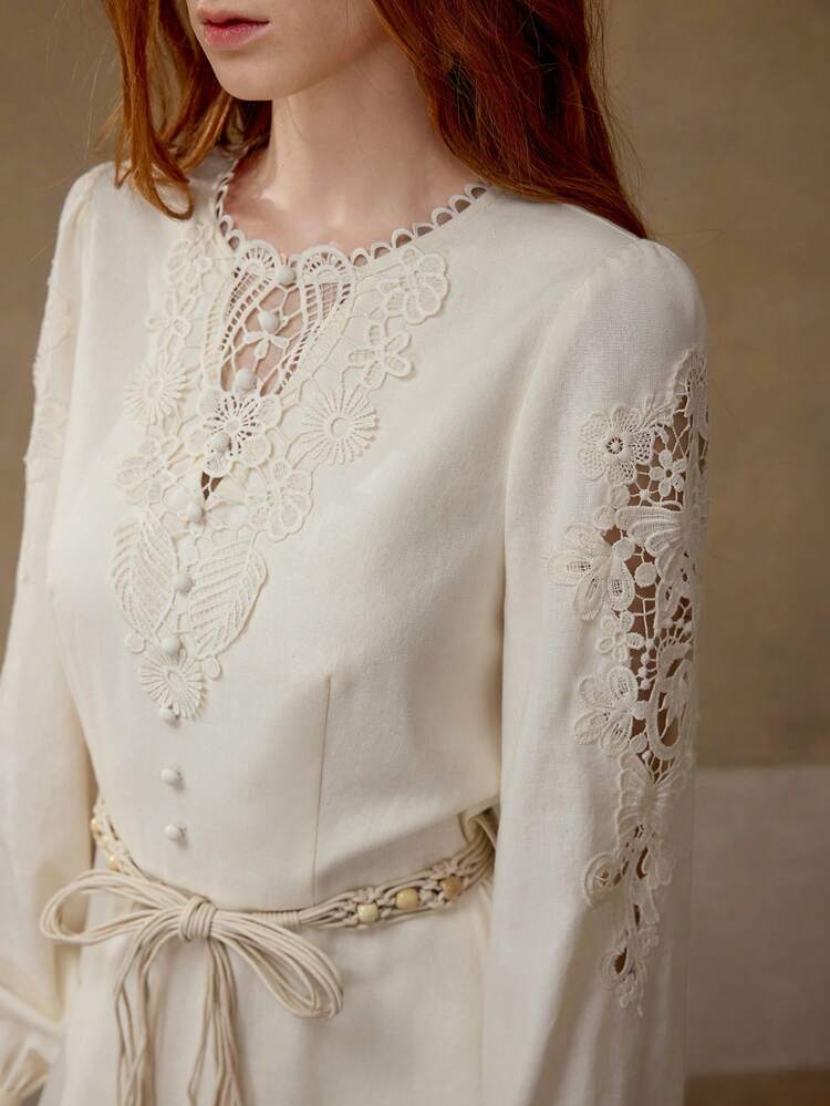 LINEN CONTRAST LACE BELTED DRESS