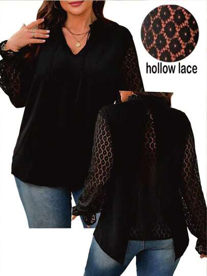 SHEIN LUNE Plus Size Solid Color Front Tie Closure Long Sleeve Casual Shirt