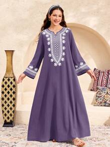 SHEIN Leap Crew Teen Girls' Print Robe, Long Length, Suitable For Vacation, Spring/Summer - Dusty Purple - View 1