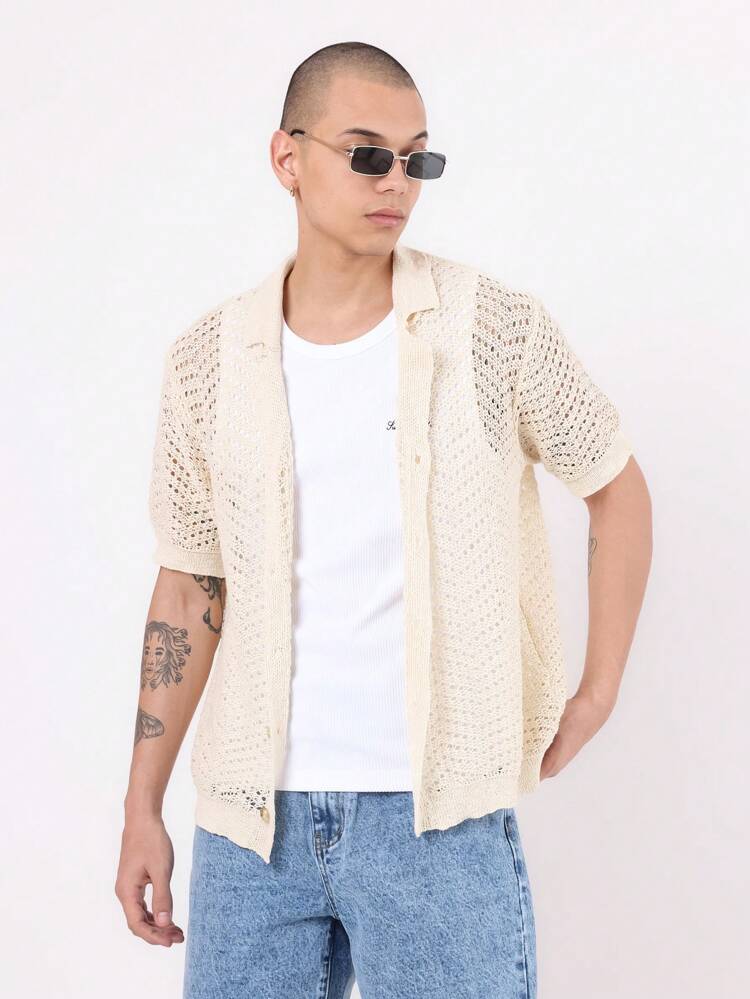 Lightweight Short Sleeve Crochet Button Down Shirt