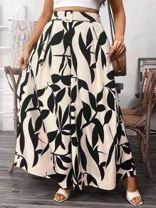 Flirla 大码女式优雅休闲宽松法式花卉印花松紧腰阔腿裤，前褶设计，适合工作和度假