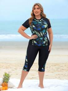 Swim Lushoire 加大码 2 件女式树叶印花拼接上衣和长款泳裤，黑色拼接圆领无袖比基尼套装，海滩度假 - 彩色 - 查看 5