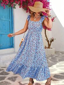 Flirla Plus Size Women's Spring/Summer Square Neck Backless Bow Ditsy Floral Dress