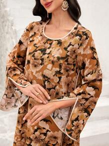Al Najma Leinenkleid mit gestreiftem Muster und ausgestelltem Saum, arabischer Stil, bescheiden - Orange - Übersicht 2