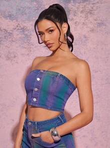 Denimoi ملابس علوية كشكش مصبوغة بتدرج لون الجينز بطراز شيك للشارع