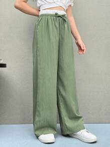 SHEIN Tween Girls' Woven Colorblock Waistband Casual Straight Leg Pants - Green - View 5