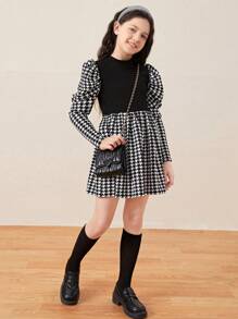 SHEIN Cô gái Tween Họa tiết Nanh sói Cổ giả Tay áo Đầm - Đen và trắng - Xem 6