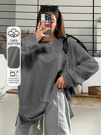 DAZY T-shirt à épaules tombantes avec ourlet fendu, hauts à manches longues pour femmes, vêtements d'automne