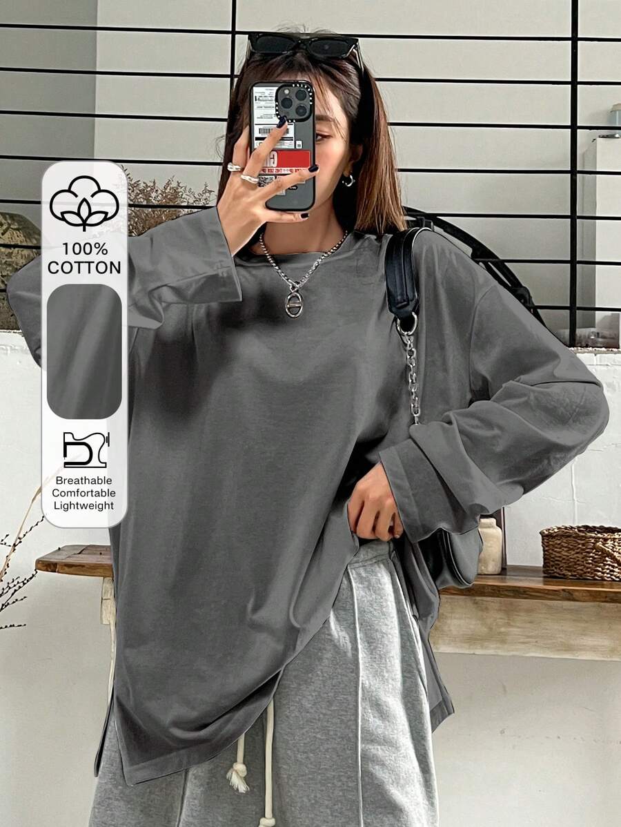 DAZY Split Hem Drop Shoulder Tee,Fall Clothes Long Sleeve Women Tops - Dark Grey - View 1