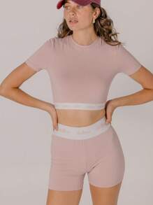 Aralina Women Letter Print Short Sleeve Crop Top And Shorts Sports Set - Pink - View 7