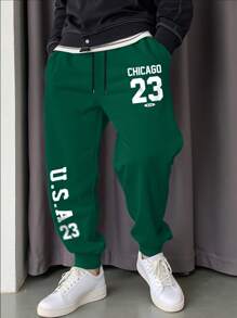 Manfinity Homme Plus Size Heren Letter Bedrukt Trekkoord Taille Zakken Enkelomslag Joggingbroek