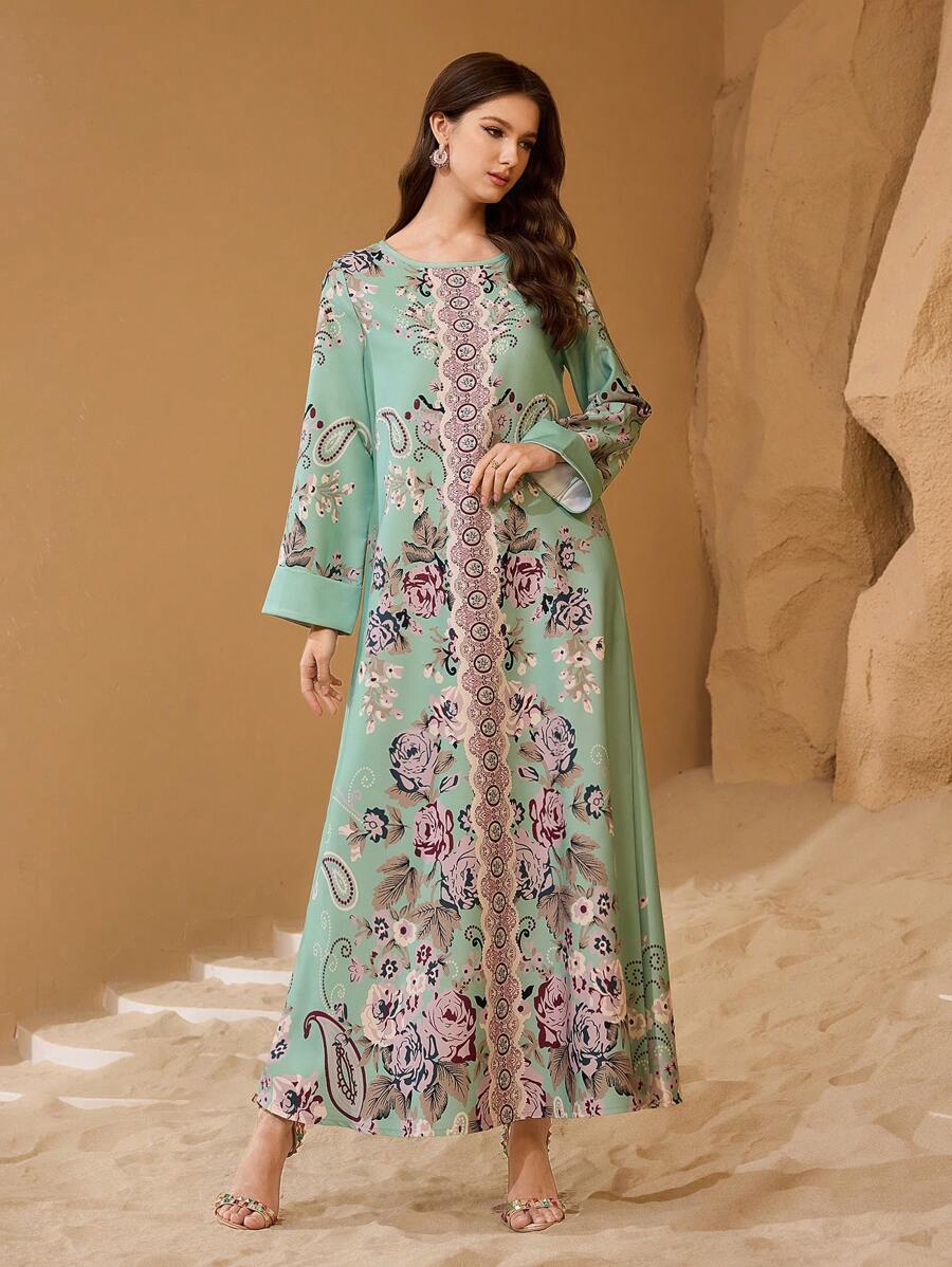 Al Najma Women's Ramadan Printed Loose & Elegant Robe,Modest - Green - View 1