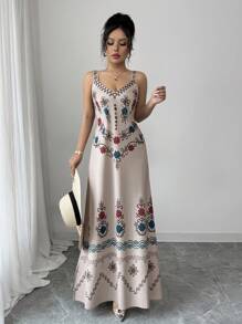 Rafferiza Váy Maxi Chữ A In Hoa Cổ Chữ V Bằng Vải Lanh Cho Nữ, Phong Cách Ngày Lễ Cho Mùa Xuân Và Mùa Hè - Màu be - Xem 6