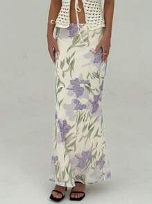 Aloruh 女士花卉印花高腰鱼尾裙，优雅度假装 - 彩色 - 查看 1