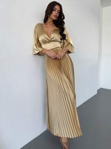 Firerie 优雅浪漫 V 领荷叶边袖口收腰金色褶皱长礼服，情人节系列 - 金色 - 查看 5