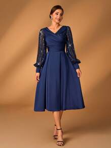 Serin Vestido elegante y lujoso para mujer, de color champagne, con lentejuelas brillantes de satén, mangas farol, cuello cruzado en V, plisado y dobladillo evasé, adecuado para que las madres asistan a bodas, fiestas y eventos de noche