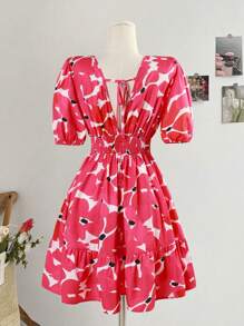 Breezaya Women's Floral Print Deep V Neck Ruched Waist Puff Sleeve Dress - Hot Pink - View 2