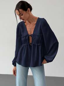 Aloruh Blusa suelta para mujer con cuello en V, mangas abullonadas, acabado con volantes y cierre delantero en nudo, para una cita romántica