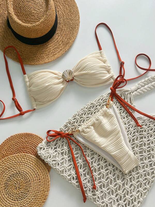Swim Mod Conjunto de bikini sexy con decoración metálica, correas de espagueti y tela de jacquard de unicolor, ideal para el verano en la playa