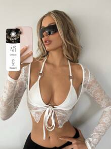 SHEIN ICON Women's Lace Spliced Cross Tie Crop Top With Cut-Out Detail, Spaghetti Strap With Circular Ring, Back Tie - White - View 9