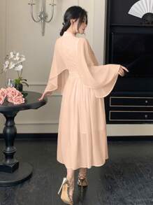 DAZY Solid Color Stand Collar Pleated Ruffle Sleeve Mid-Length Dress For Women,Fall Clothes
