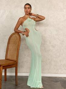 SHEIN Swim Vestido de malla con flores verde claro estilo sirena para mujer, vestido elegante y sexy de corte ceñido verde menta con diseño calado para cubrir traje de baño, para primavera/verano
